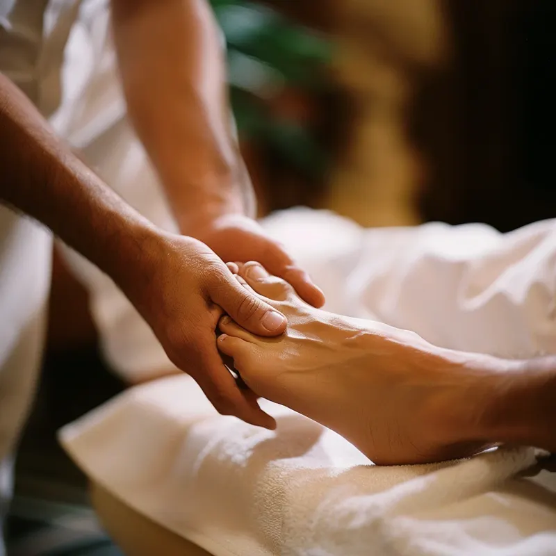 Esthetician's hands massaging a client's foot on a white towel