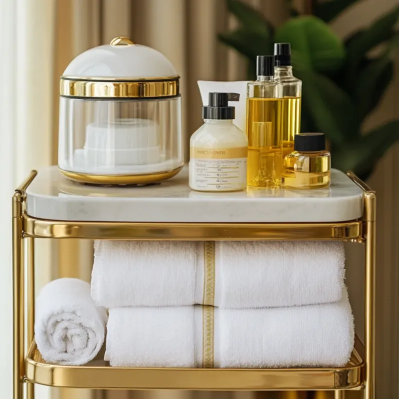 Treatment cart with a wax warmer, oils and rolled white towels